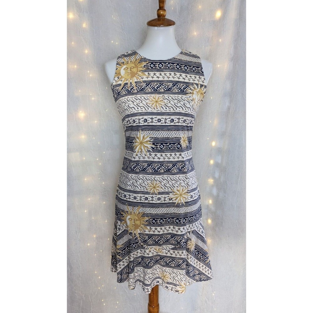 J. McLaughlin XS Zodiac Sleeveless Dress Ruffle Hem Sun Moon Stars Unique Career